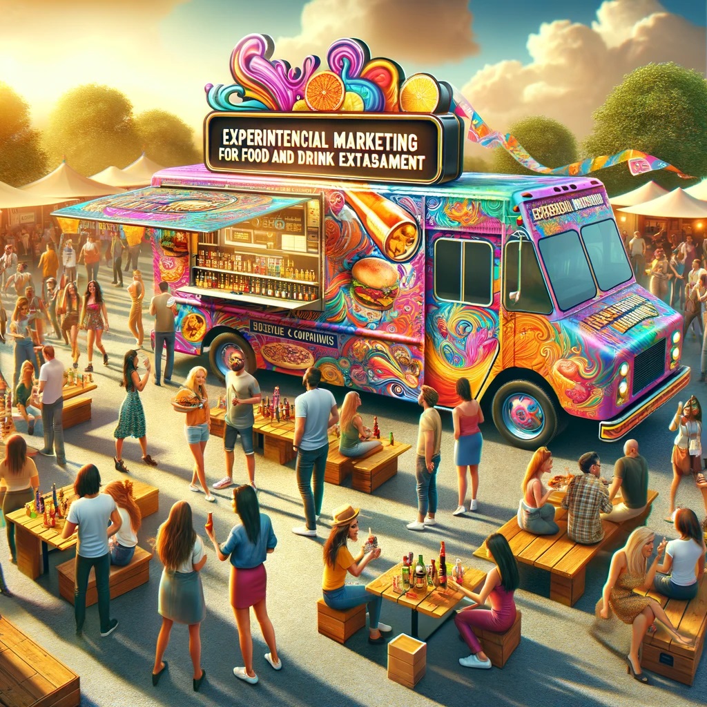 experiential marketing for food and drink establishments. The scene includes a vibrant branded food tr experiential marketing for food and drink establishments. The scene includes a vibrant branded food tr