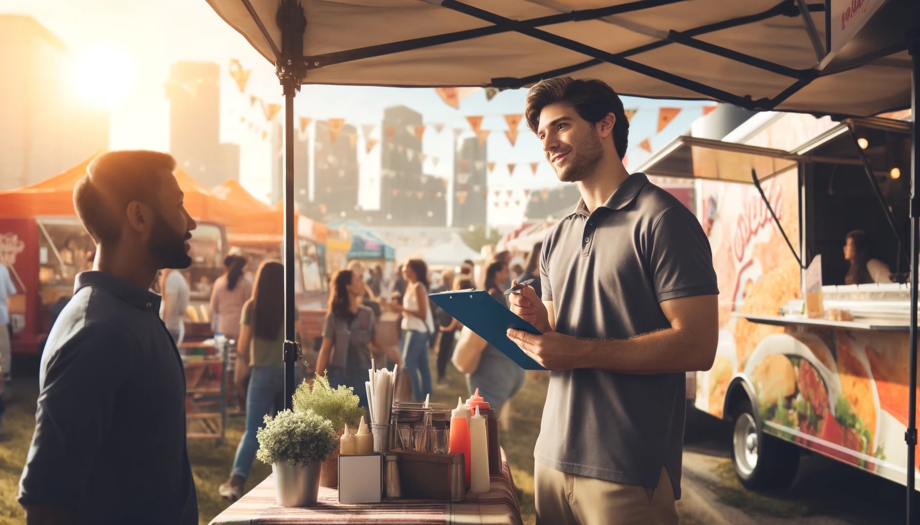 one vendor, a man wearing a polo shirt, is stationed under an easy-up t